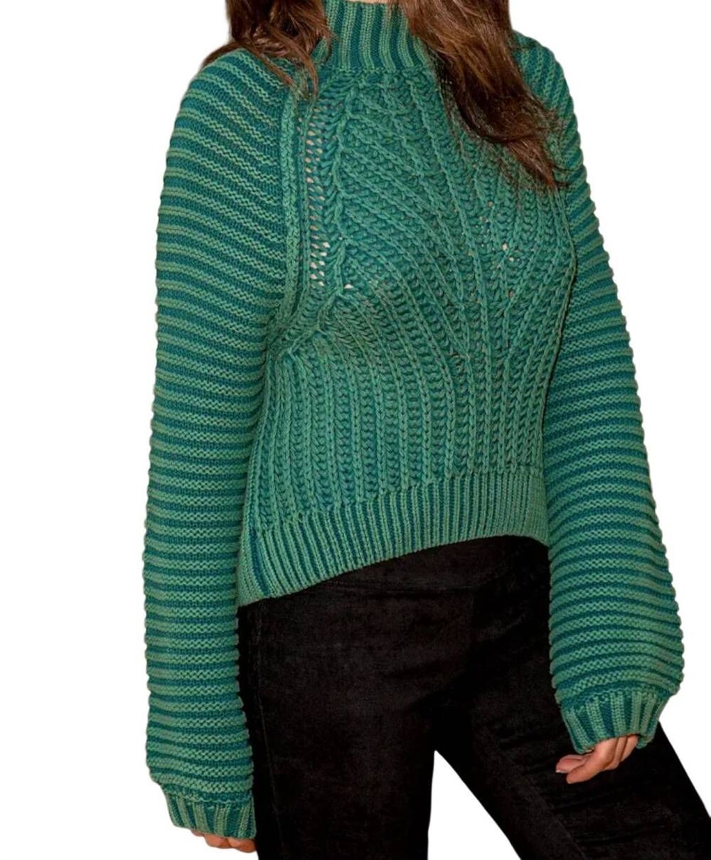 Free People Sweater Women's Large Green Sweetheart Chunky Balloon Sleeve Boho